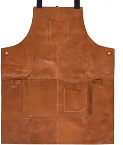 Durable brown PU leather apron with multiple utility pockets for kitchen, baking and BBQ.