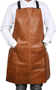 Brown PU leather work apron with multi pockets, durable kitchen BBQ cooking baking apron detail view