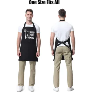 Black canvas kitchen apron with funny quote print, adjustable neck strap and practical pockets.