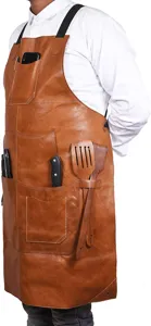 Brown PU leather apron detail, multi-pocket utility design, kitchen BBQ and baking workwear.