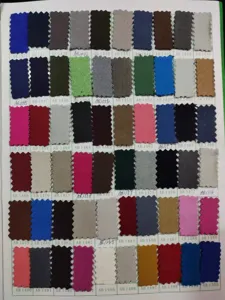 Fabric color swatch card showcasing multiple vibrant colors and shades for custom aprons.