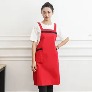 Korean style red poly cotton kitchen apron with pockets for cooking restaurant baking
