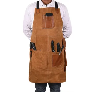 Waterproof PU Leather Kitchen Cooking Baking BBQ Apron With Multiple Pockets Cross Back Straps For Unisex