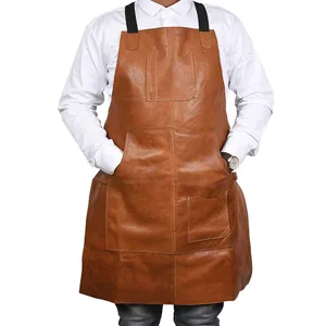Brown PU leather work apron with multi pockets, heavy duty kitchen BBQ baking apron for men.