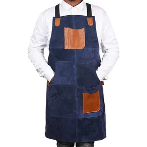 Blue suede apron with contrast PU leather pockets, durable kitchen cooking BBQ workwear.