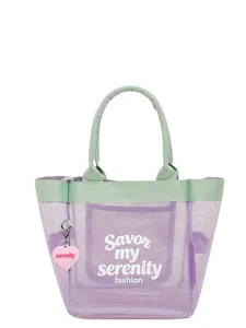 Women transparent mesh tote bag large capacity casual handbag stylish purple shoulder bag