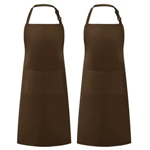 Brown kitchen apron detail, double front pockets, adjustable neck strap design, durable.