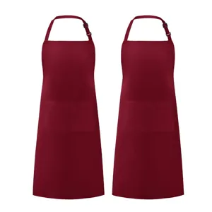Detailed view of wine red kitchen aprons with adjustable neck strap and front pockets for daily work.