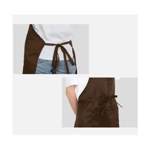 Brown kitchen work apron with adjustable ties and front pocket detail for cooking baking cafe.