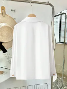 Camicia bianca maniche lunghe donna casual loose retro collo revers bottoni cuore metallo