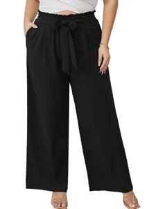 Pantaloni lunghi donna vita alta gamba larga con cintura, stile elegante e casual.