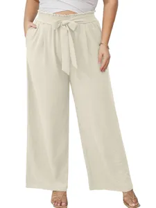 Vista dettagliata del pantalone casual donna a vita alta con cintura gamba larga beige.