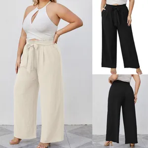 Pantaloni da Donna Taglie Forti a Gamba Larga in Seta di Ghiaccio a Vita Alta con Laccio Pantaloni Casual Larghi per l'Uso Quotidiano
