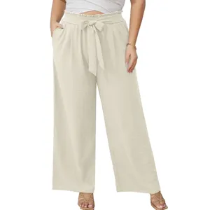 Pantaloni larghi a vita alta taglie forti con cintura a fiocco, pantaloni eleganti donna.