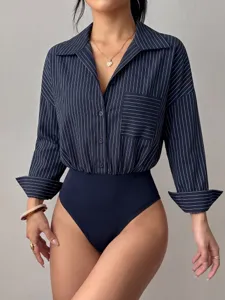 Navy blue vertical striped lapel single-breasted long sleeve bodysuit shirt detail view.