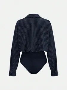 Classic vertical striped long sleeve collared bodysuit shirt for women daily wear outfit new
