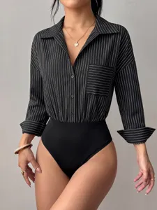 Close-up of the black and white vertical striped long sleeve bodysuit featuring a classic lapel collar.