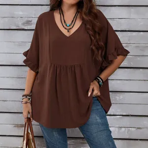 Plus size γυναικείο καλοκαιρινό V λαιμόκοψη μονόχρωμο χαλαρό βολάν ψηλόμεσο τοπ