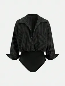 Close-up details of black pinstripe long sleeve bodysuit shirt with classic lapel and button front.