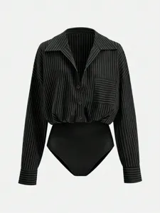 Detailed view of the black and white vertical striped long-sleeve lapel bodysuit shirt.