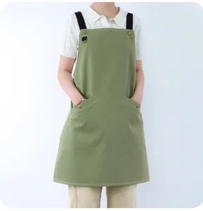 Green cotton apron with black straps and pockets kitchen workwear waiter supermarket cooking