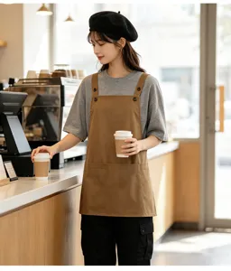 Delantal de trabajo impermeable para cocina y café con correas ajustables y bolsillos frontales.