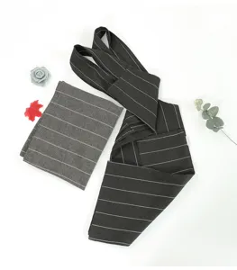 Detailed view of the Japanese style cotton linen striped apron, kitchen workwear design.
