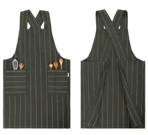 Japanese style cotton linen kitchen apron with cross back straps and pockets, breathable.