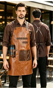Multifunctional waterproof PU leather work apron for BBQ, kitchen, and salon with tool pockets.