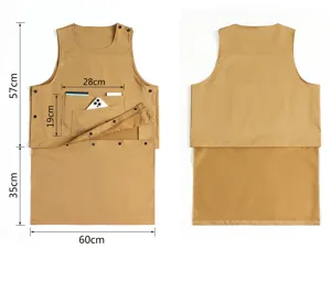 Khaki multi-pocket work apron vest detail view showing exact dimensions and storage pockets.