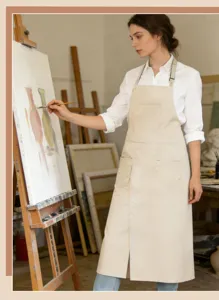Cross-neck canvas split apron detail shot, designed for art studio, cafe, and daily work use.