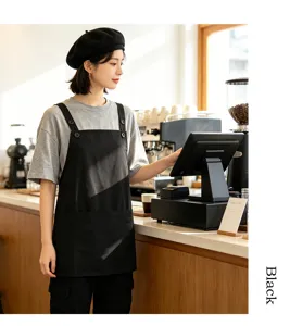 Delantal de trabajo negro profesional con bolsillos para cafetería, bar y cocina.