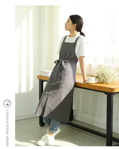 Grey linen cotton cross back apron with pockets for kitchen cooking cafe work wear