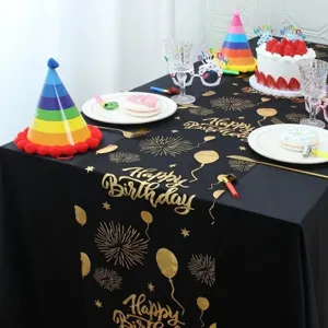 Camino de Mesa de Malla de Poliéster Negro Dorado Feliz Cumpleaños Mantel Estampado en Caliente para Decoración de Mesa de Fiesta Hogar