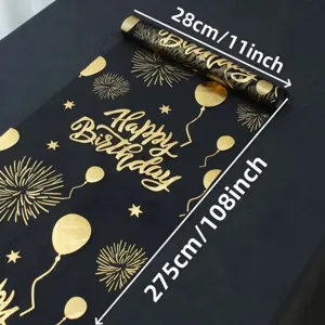 Detalle de camino de mesa de malla dorada negra de 28x275cm para decoración de fiesta de cumpleaños.
