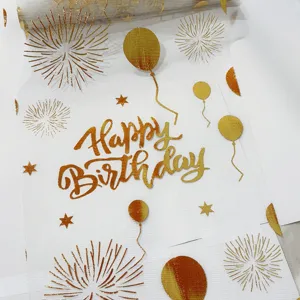 Camino de mesa de tul blanco Happy Birthday hoja de oro decoración de fiesta 1ud