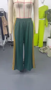 Women high waist green track pants with yellow side stripes casual vintage long trousers.