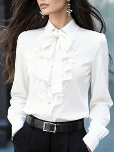 Blusa blanca elegante de manga larga con lazo en el cuello y volantes para mujer oficina