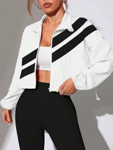 Casual contrast diagonal striped crop jacket, stand collar zip up stylish outerwear.