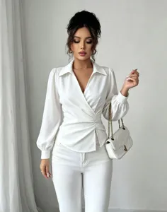Chic French lapel V-neck wrap blouse with long bubble sleeves and waist tie for women.
