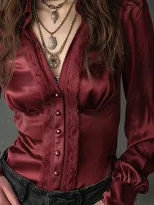 Women solid color deep V-neck single-breasted lace trim long sleeve satin blouse top