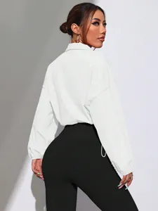 White stand collar long sleeve crop jacket women casual basic outerwear streetwear fashion stylish