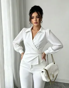 Elegant French lapel V-neck wrap tie-waist white long sleeve blouse for women fashion.