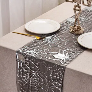 Camino de Mesa de Halloween Telaraña Cráneo Calabaza Estampado Tela de Malla Mantel Para Fiesta Hogar Comedor Decoración