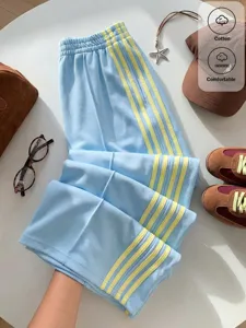 Y2K High Waist Casual Pants Retro Light Blue Trousers with Yellow Stripes Fall Fashion