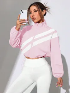 Pink contrast stripe zip-up crop windbreaker jacket with stand collar for women stylish.