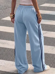 Y2K vintage elastic high waist draped casual long pants featuring stylish side stripe details.
