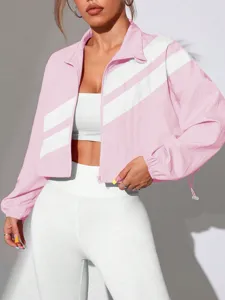 Pink and white striped cropped zip-up jacket with stand collar for stylish casual wear.