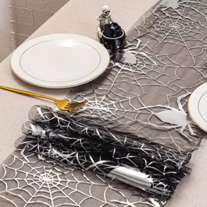 Camino de mesa de telaraña de Halloween negro y plata tela mantel decoración fiesta