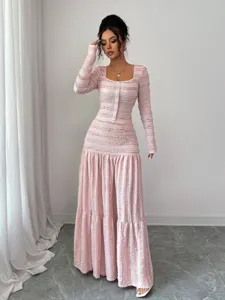 Women long sleeve pink maxi dress square neck single breasted tiered ruffle elegant fashion outfit